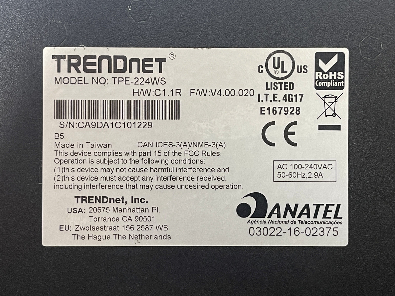 TRENDnet TPE-224WS 24-Port 10/100 Mbps + 4-Port 1GbE Web Smart PoE+ Switch 193W