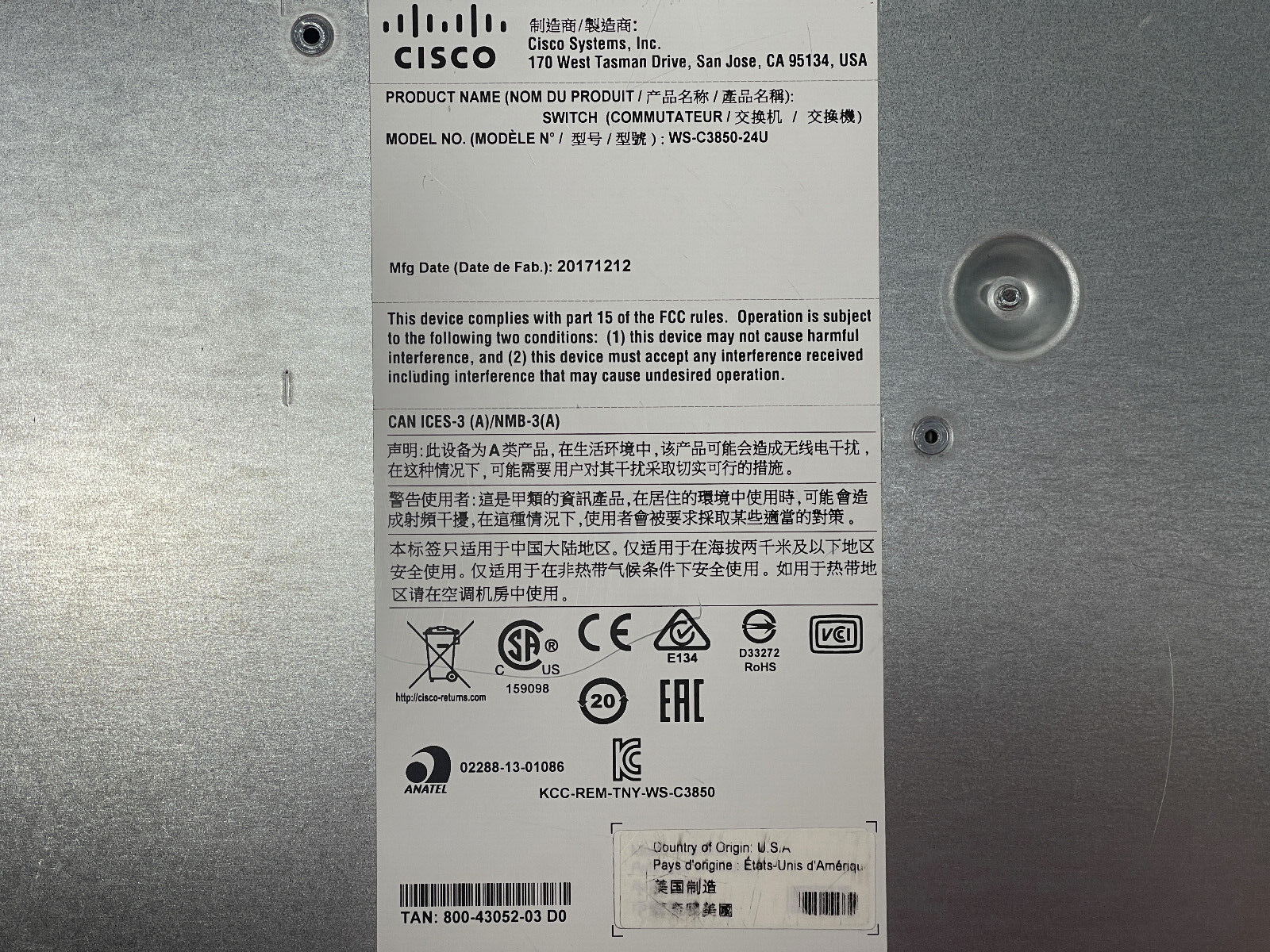 Cisco Catalyst WS-C3850-24U 24-Port 1GbE UPoE Ethernet Switch 2x 1100W PSU Ears.