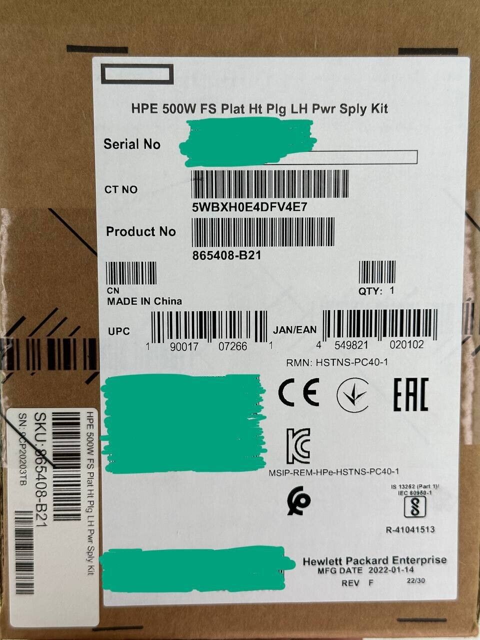 HPE 856408-B21 500W PSU FS Platinum Hot Plug Low Halogen Power Supply Kit.