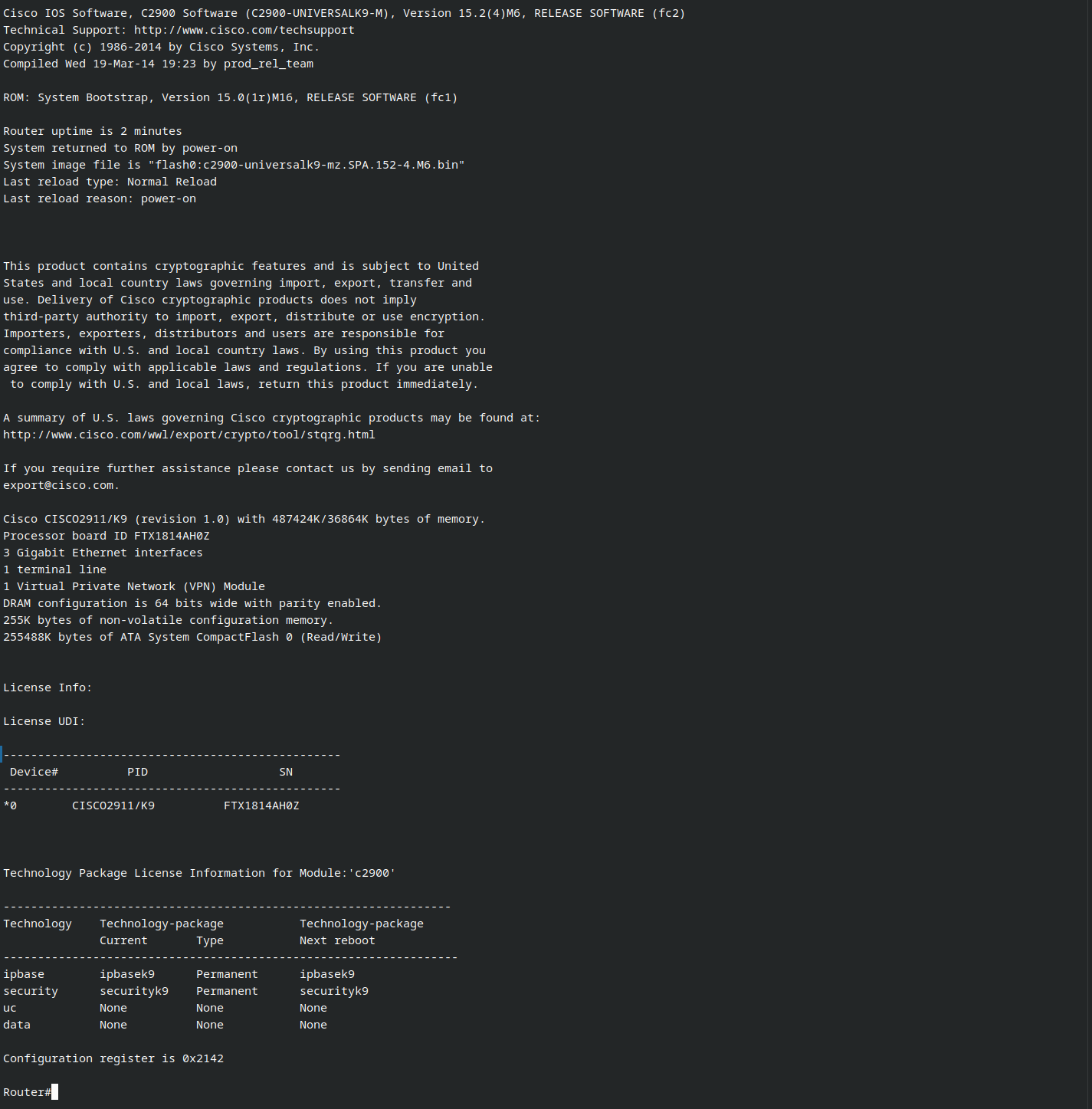 Cisco ISR 2911 Router 2x 1GbE 1x PSU 512MB RAM 256MB CF IPBaseK9 SecurityK9 Ears.