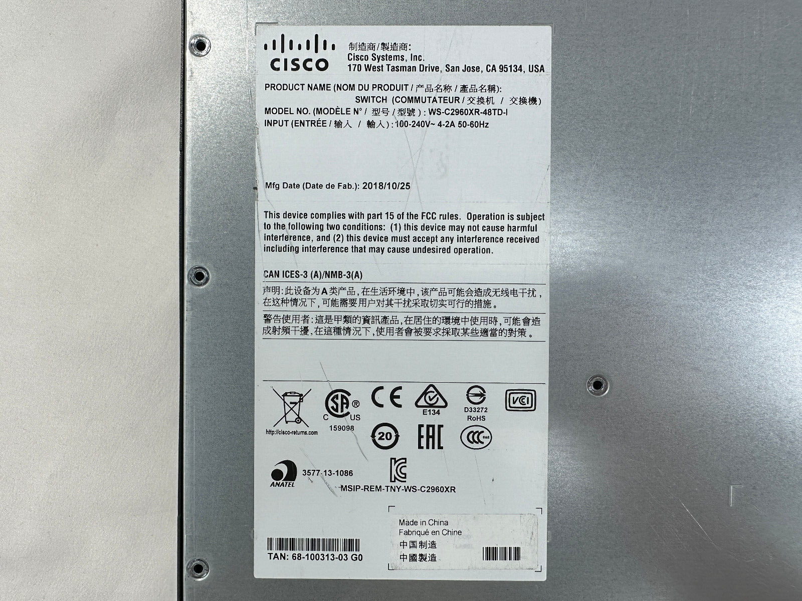 Cisco Catalyst 2960XR Ethernet Switch 48x 1GbE Ports 2x SFP+ 10GbE + Stack C2960X-FIBER-STK 2x PSU