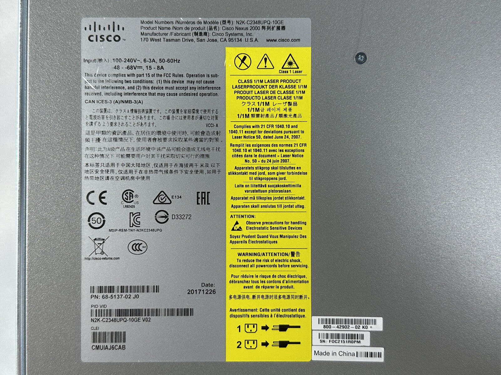 Cisco Nexus 2348UPQ Fabric Extender PSE 48x SFP+ 6x QSFP+ 1/10/40GbE 2xPSU Rails.