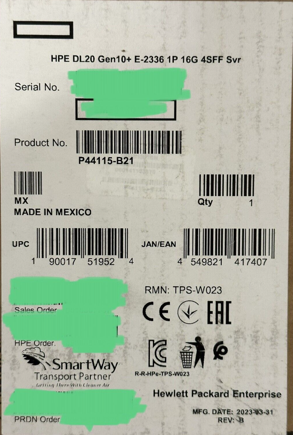 HPE P44115-B21 ProLiant DL20 Gen10 Plus 4SFF 1U Server Xeon E-2336 2.9GHz 16GB RAM 500W