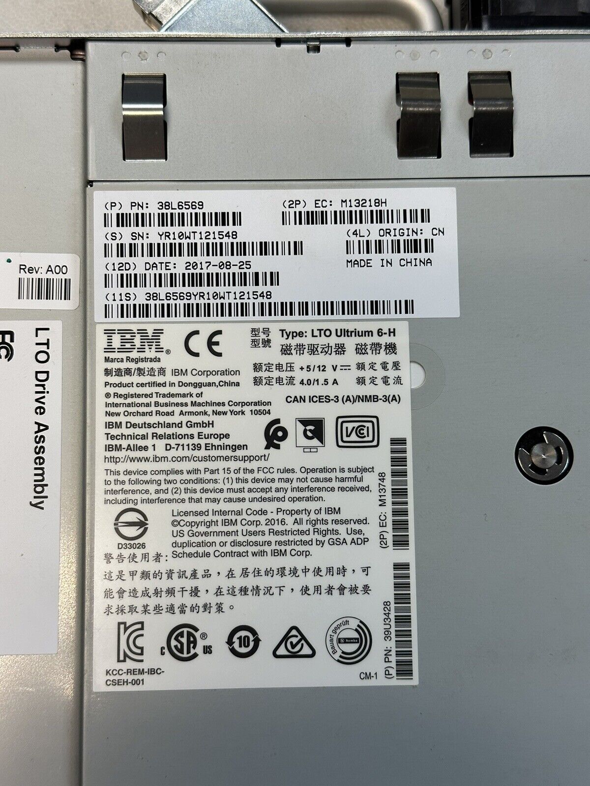 IBM 38L6569 LTO-6 LTO6 FC 8Gb Half Height Drive for TS3200 TS3100 Tape Library.