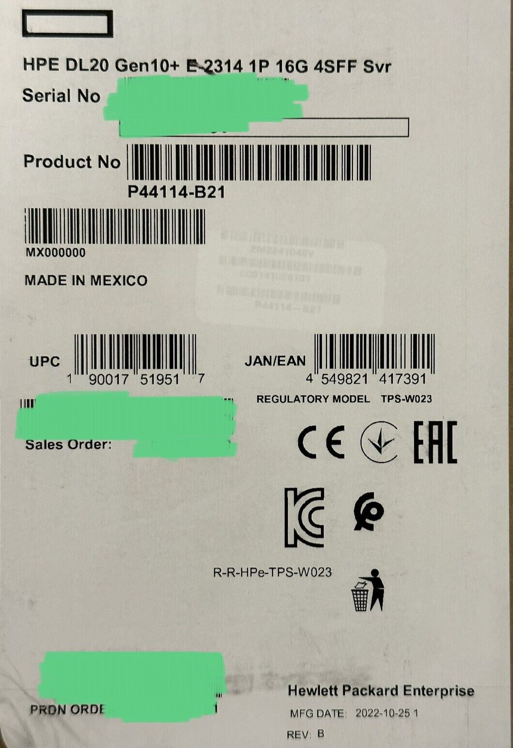 HPE P44114-B21 ProLiant DL20 Gen10 Plus 1U Server Xeon E-2314 2.80GHz 16GB RAM 4SFF 500W