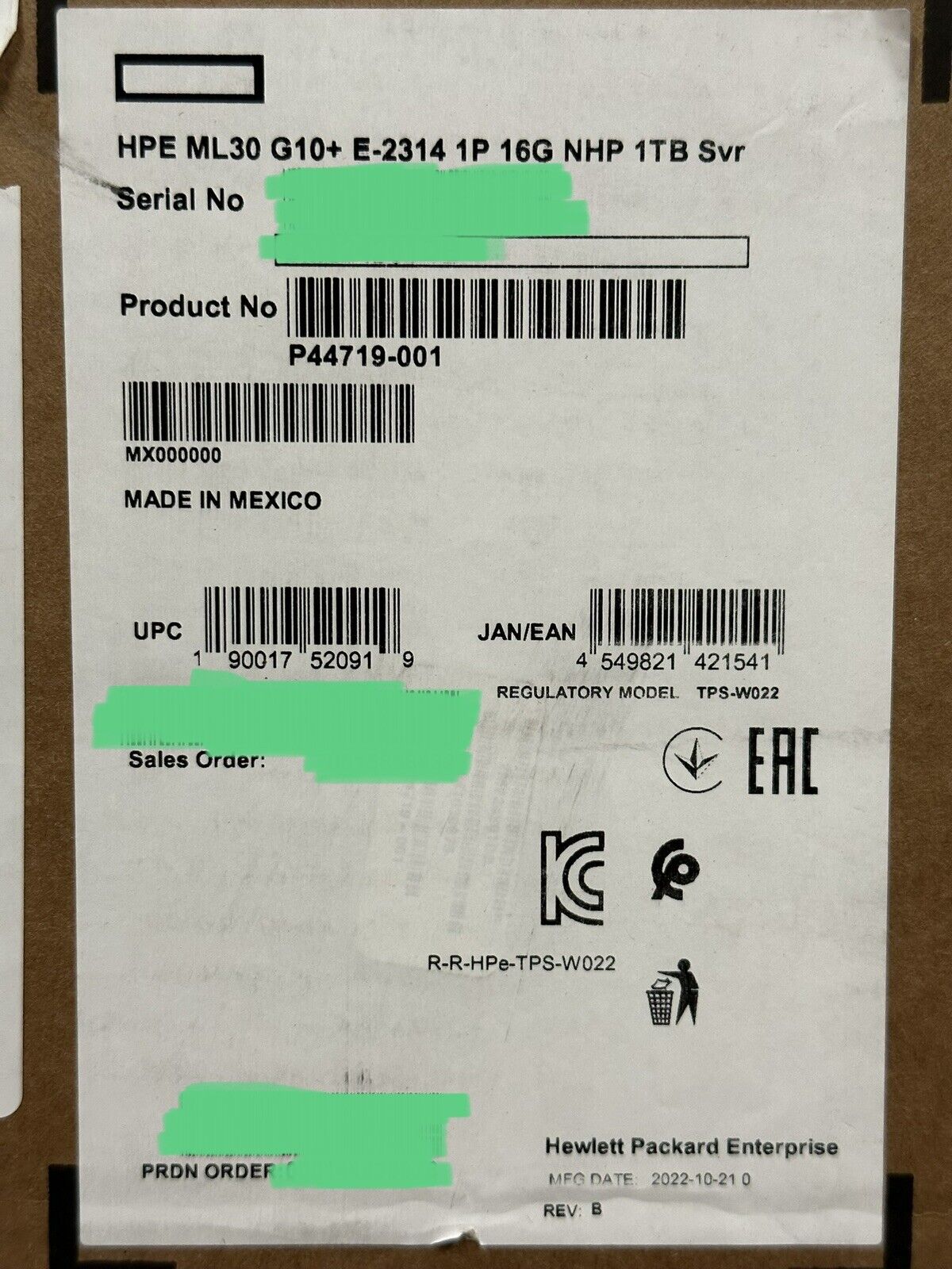 HPE P44719-001 ProLiant ML30 Gen10+Plus Xeon E-2314 2.80GHz 16GB RAM 1TB SATA HDD 4LFF-NHP (Non Hot Plug) 350W PSU.