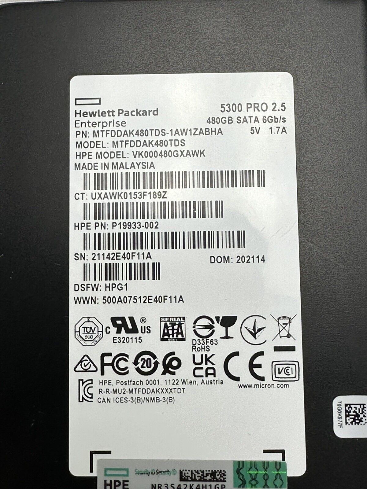 HPE P18482-001 480GB SATA 2.5" SFF Read Intensive SC MLC SSD Solid State Drive