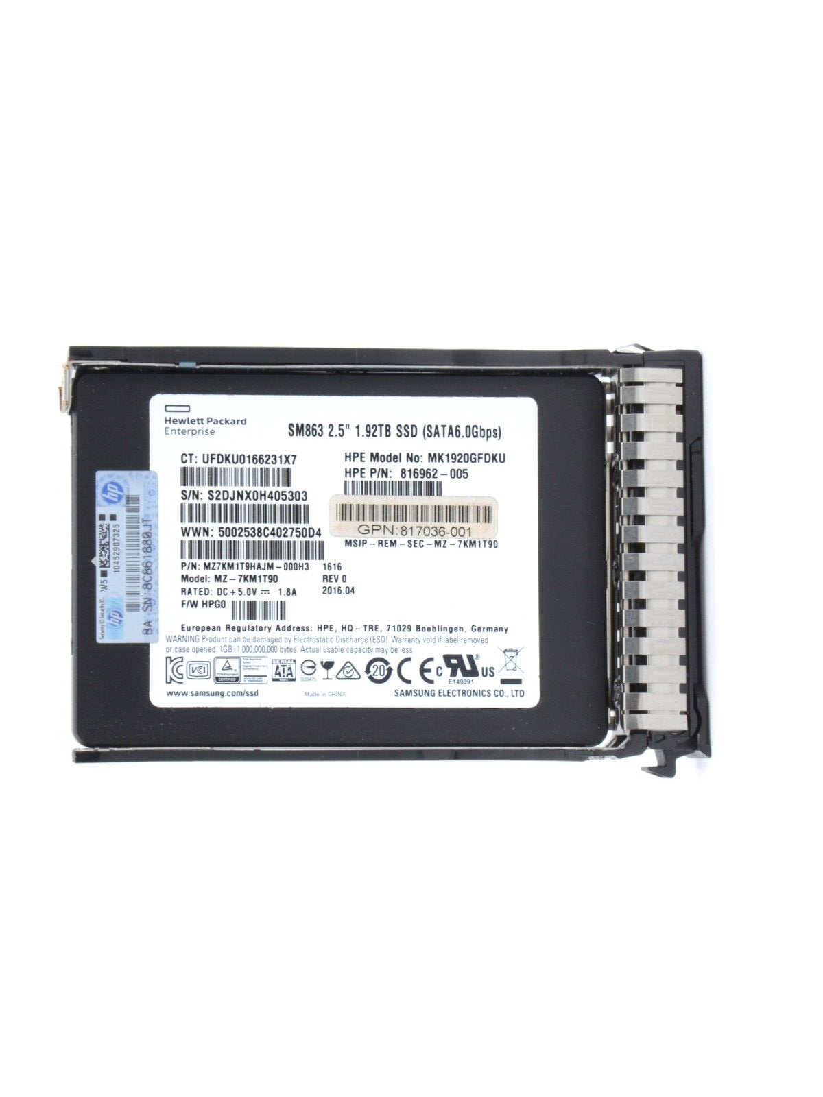 HPE 817116-001 1.92TB SATA 6G Mixed Use SFF eMLC SPS-DRV SSD 99.8% PLP SC MU