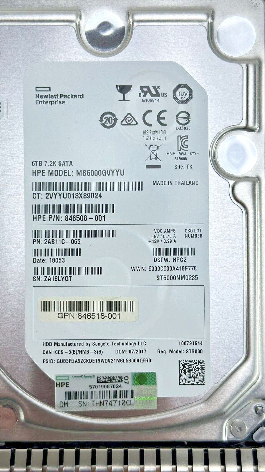HPE 6TB SATA LFF HDD 7.2K 6G SC 3.5 Hard Drive 846608-001 Gen8, Gen9, Gen10