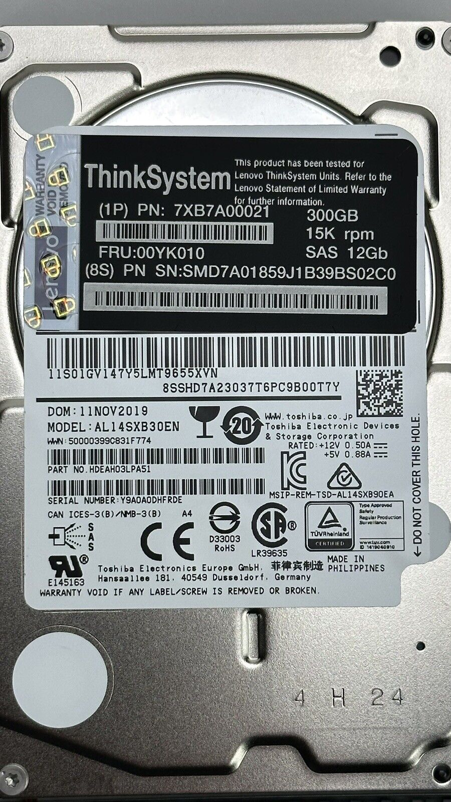 Lenovo 300GB 15K SAS 12G 512N 2.5" SFF ThinkSystem HDD 00YK010 12Gb/s Failing