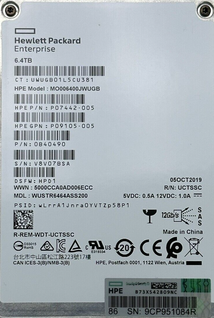 HPE 6.4TB 12G SAS MU SFF 2.5 SC SSD HP 35TBW 3DWPD Mixed Use Solid State