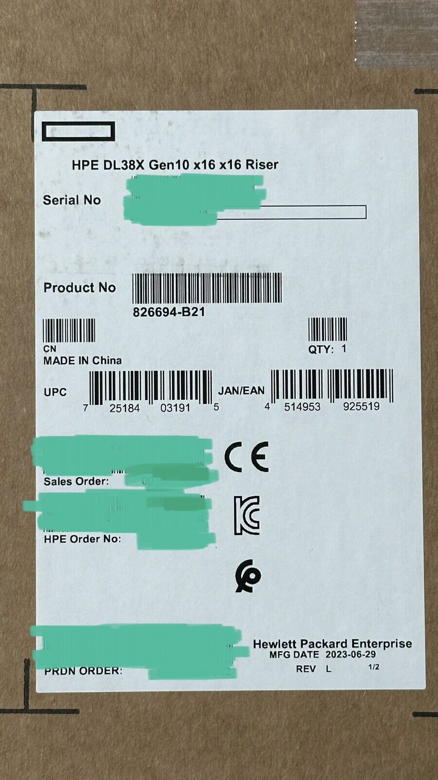 HPE Proliant DL38X DL380 DL385 Gen10 2x x16 Slot PCI-e 3 Riser Kit GPU Slot 1/2