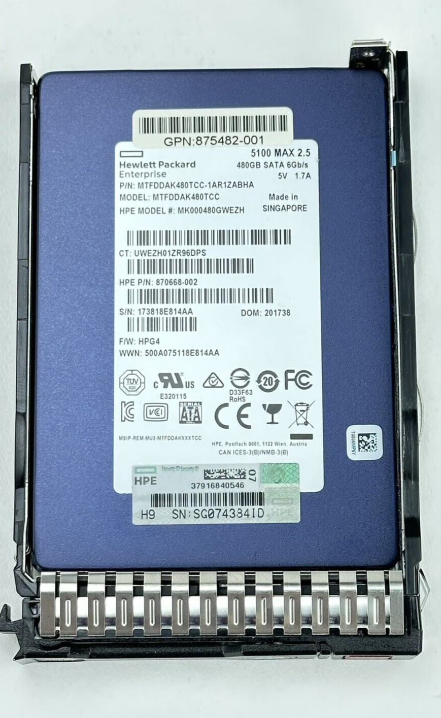 99.9% HPE 480GB SATA Mixed Use SFF 2.5 SC MV SSD Solid State Drive G8 Gen9 Gen10
