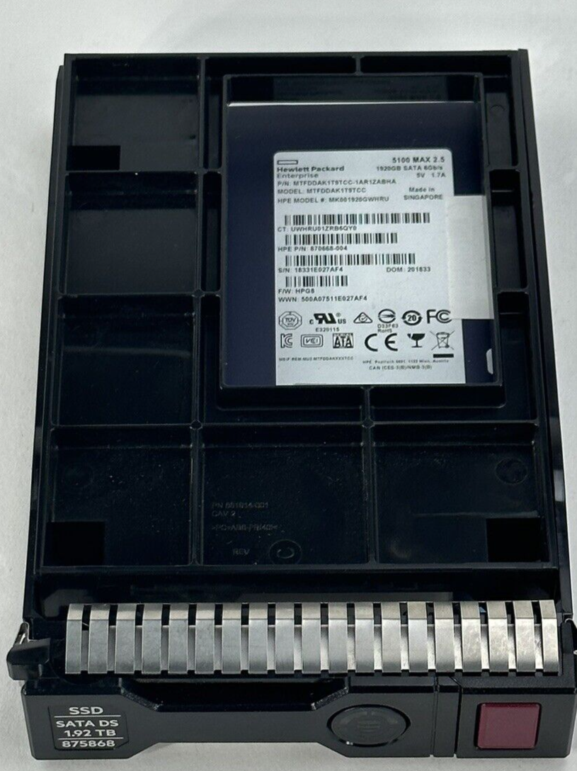 HPE 1.92TB SATA 6G Mixed Use LFF SC SSD 97.8+% 5DWPD 17.6TBW MU G8 G9 G10 DS 3.5