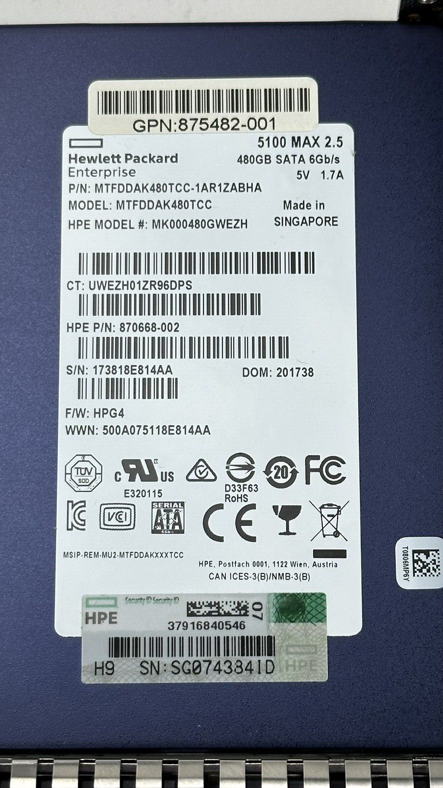 99.9% HPE 480GB SATA Mixed Use SFF 2.5 SC MV SSD Solid State Drive G8 Gen9 Gen10