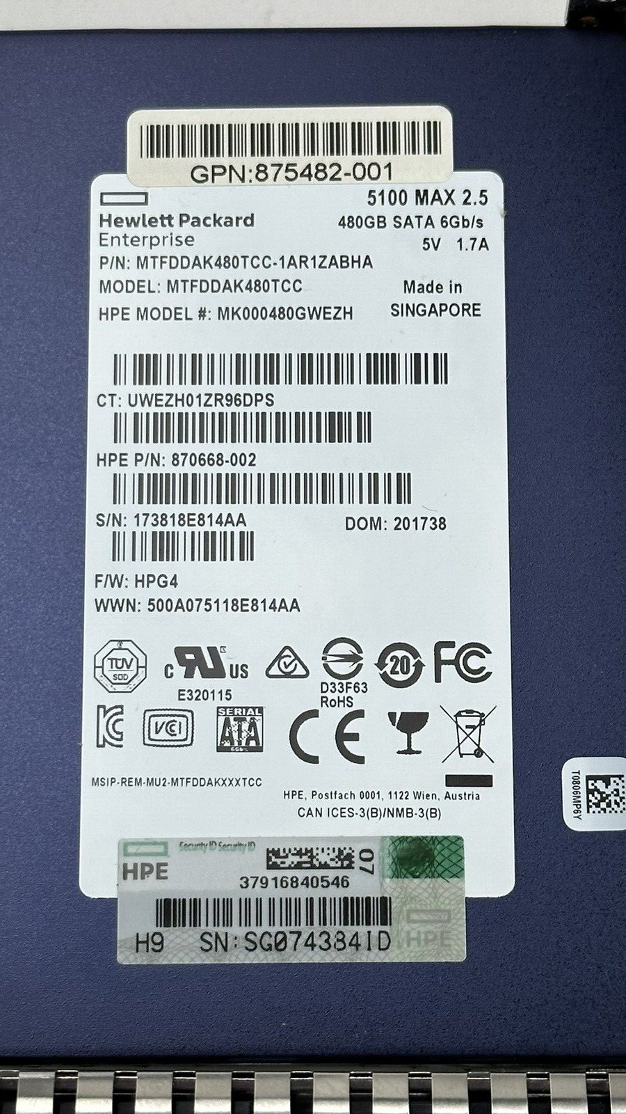 99.9% HPE 480GB SATA Mixed Use SFF 2.5 SC MV SSD Solid State Drive G8 Gen9 Gen10