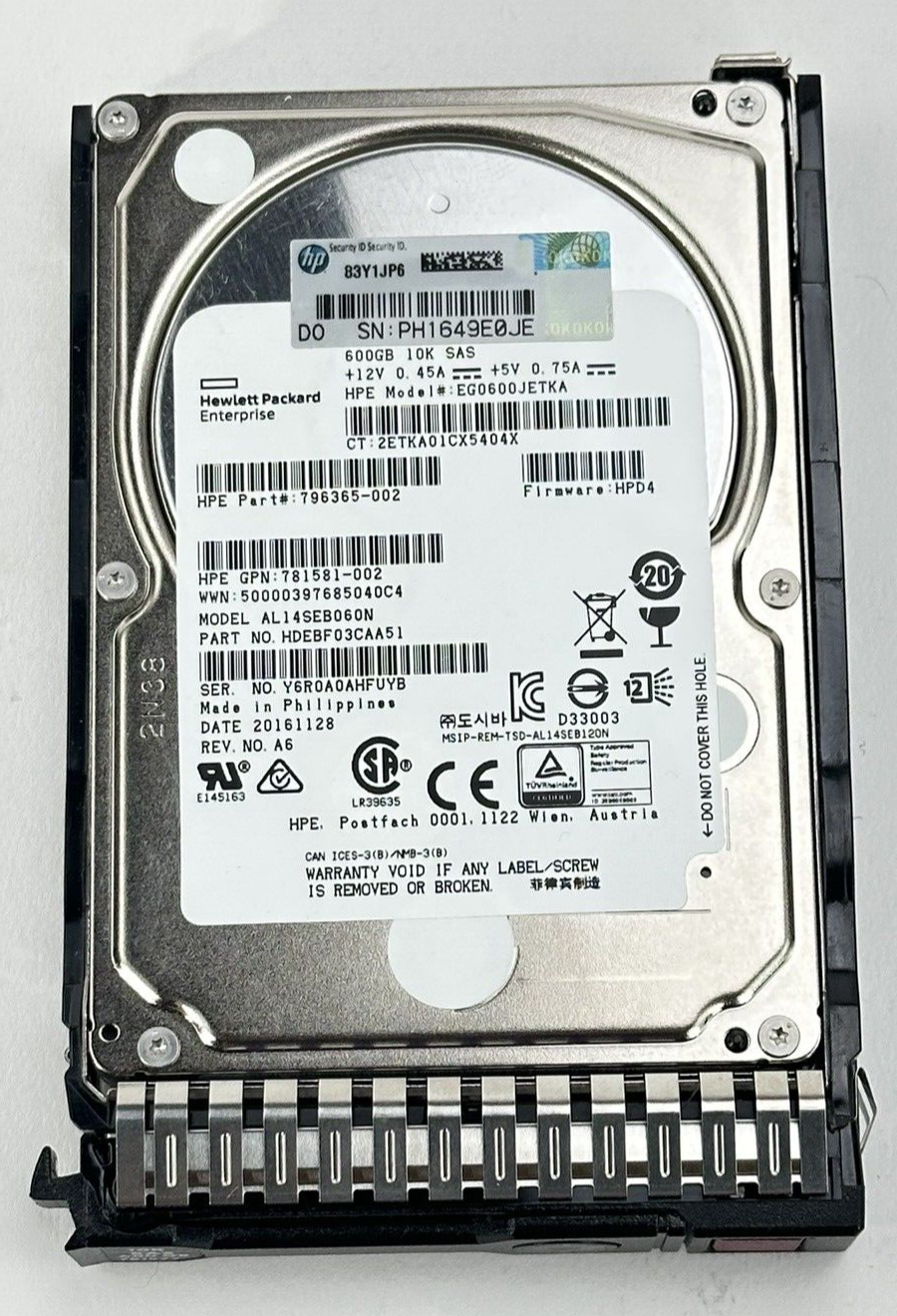 HPE 600GB 10K RPM 12G SAS 2.5 in SFF Smart Carrier G8 Gen9 Gen10 Hard Drive SC