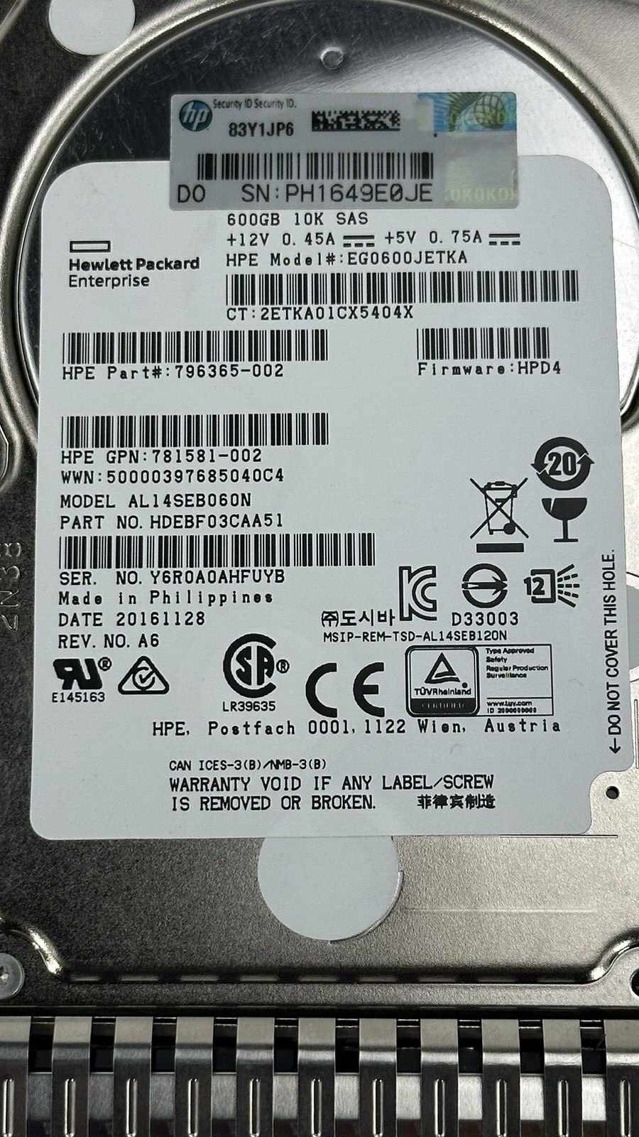 HPE 600GB 10K RPM 12G SAS 2.5 in SFF Smart Carrier G8 Gen9 Gen10 Hard Drive SC