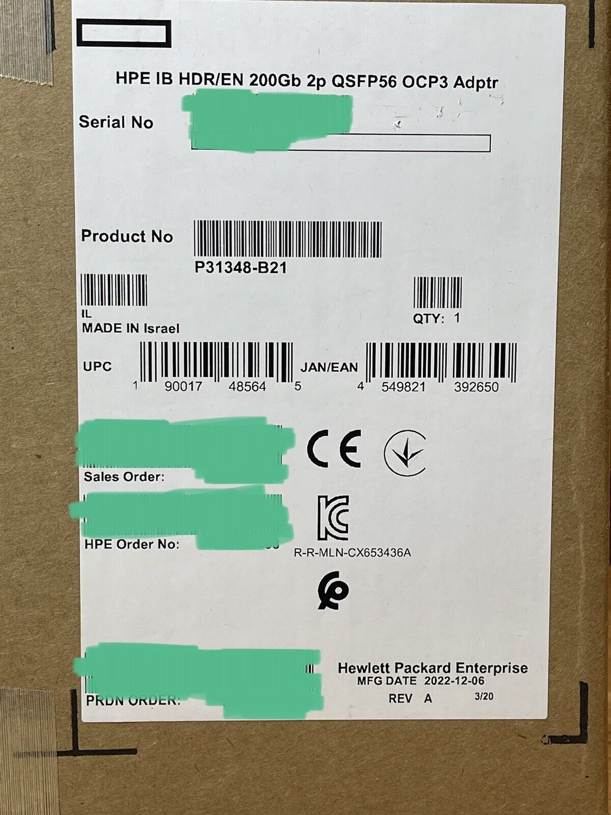 HPE P31348-B21 200GbE HDR QSFP56 2-port OCP3 x16 Ethernet or InfiniBand Network Adapter