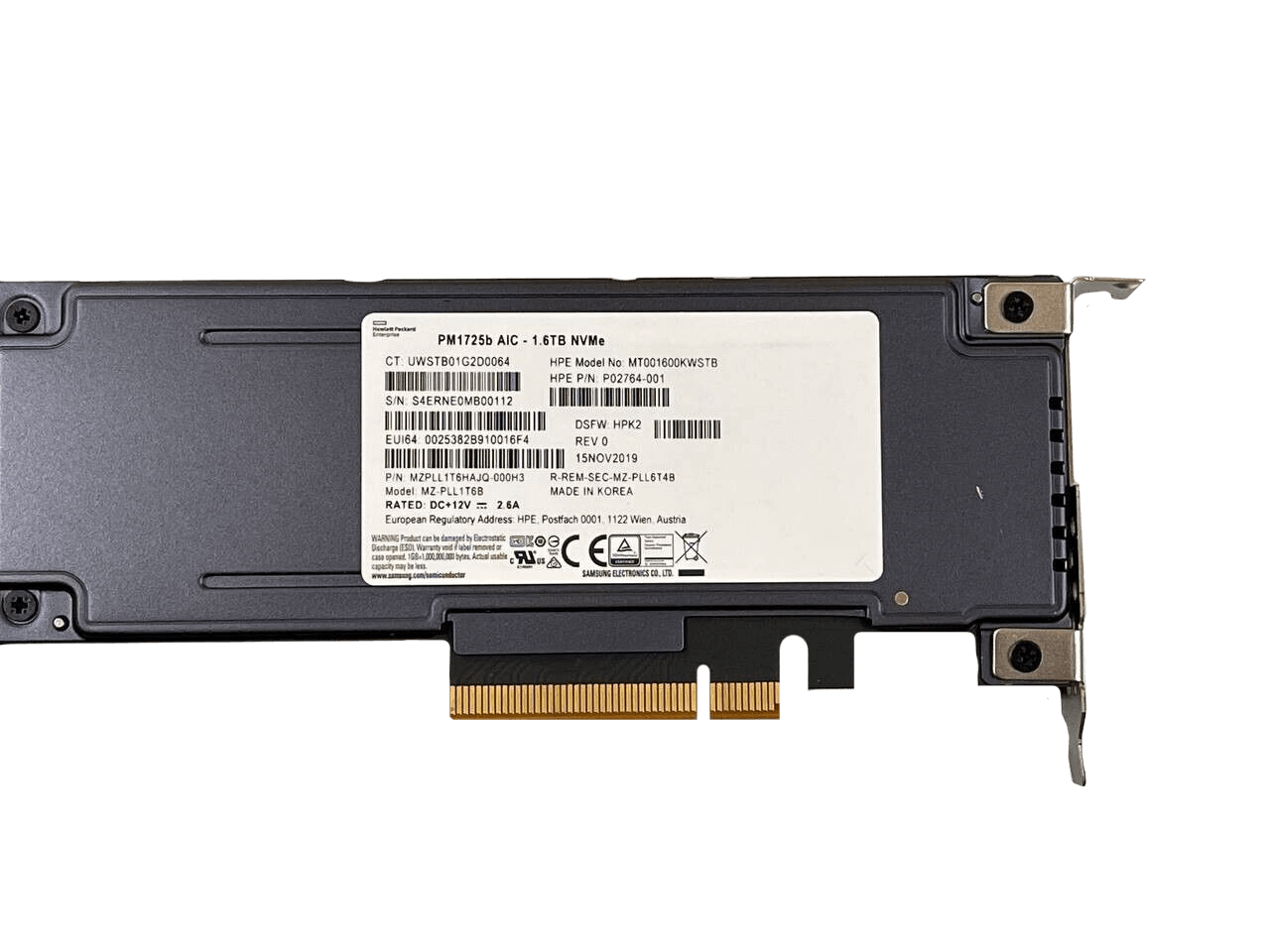 HPE P02764-001 1.6TB PCIe NVMe AIC HHHL Mixed Use AIC TLC SSD Solid State Drive