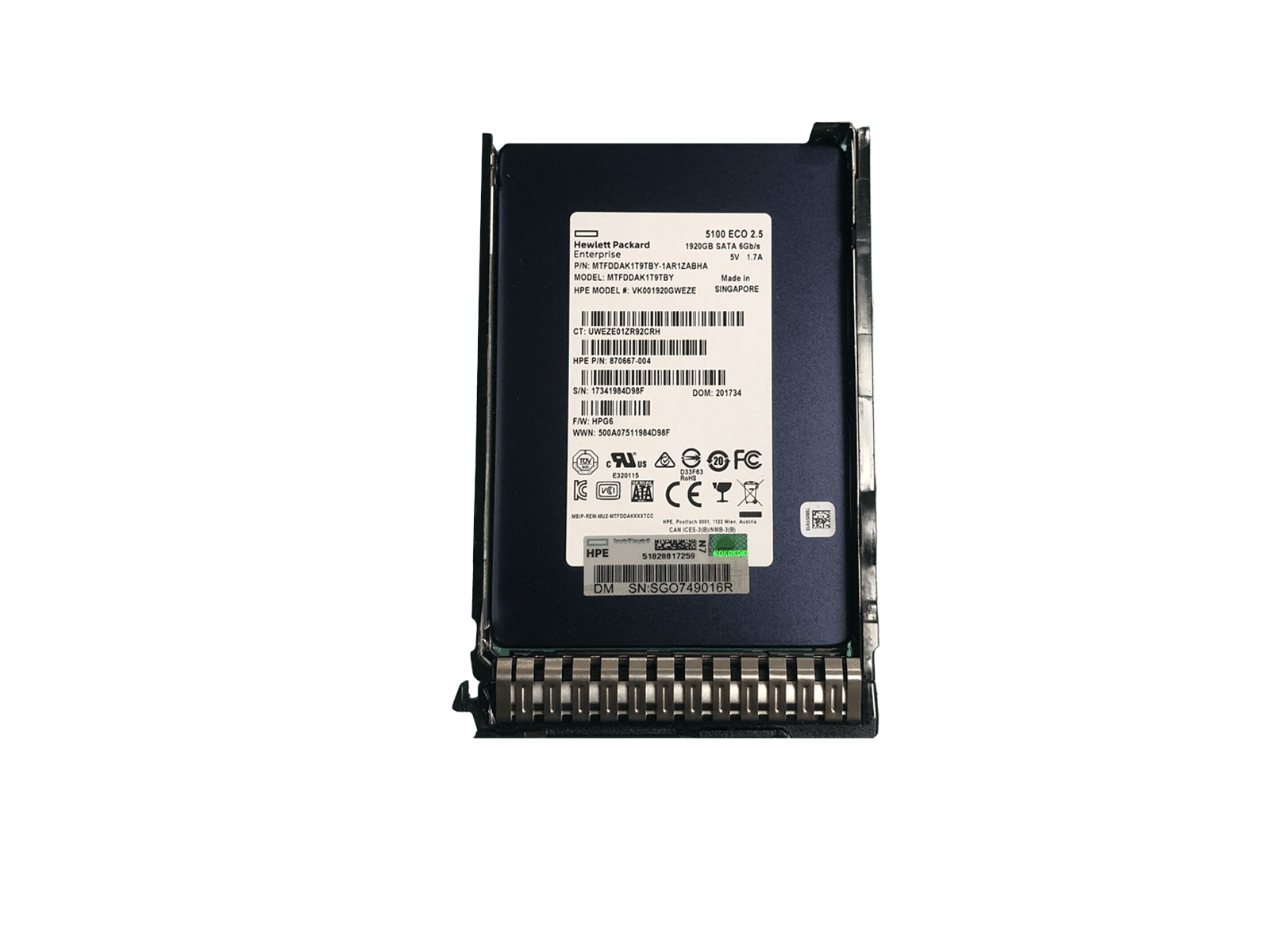 HPE 875657-001 1.92TB SATA 6Gb/s 2.5" SFF Read Intensive SC TLC SSD Solid State Drive