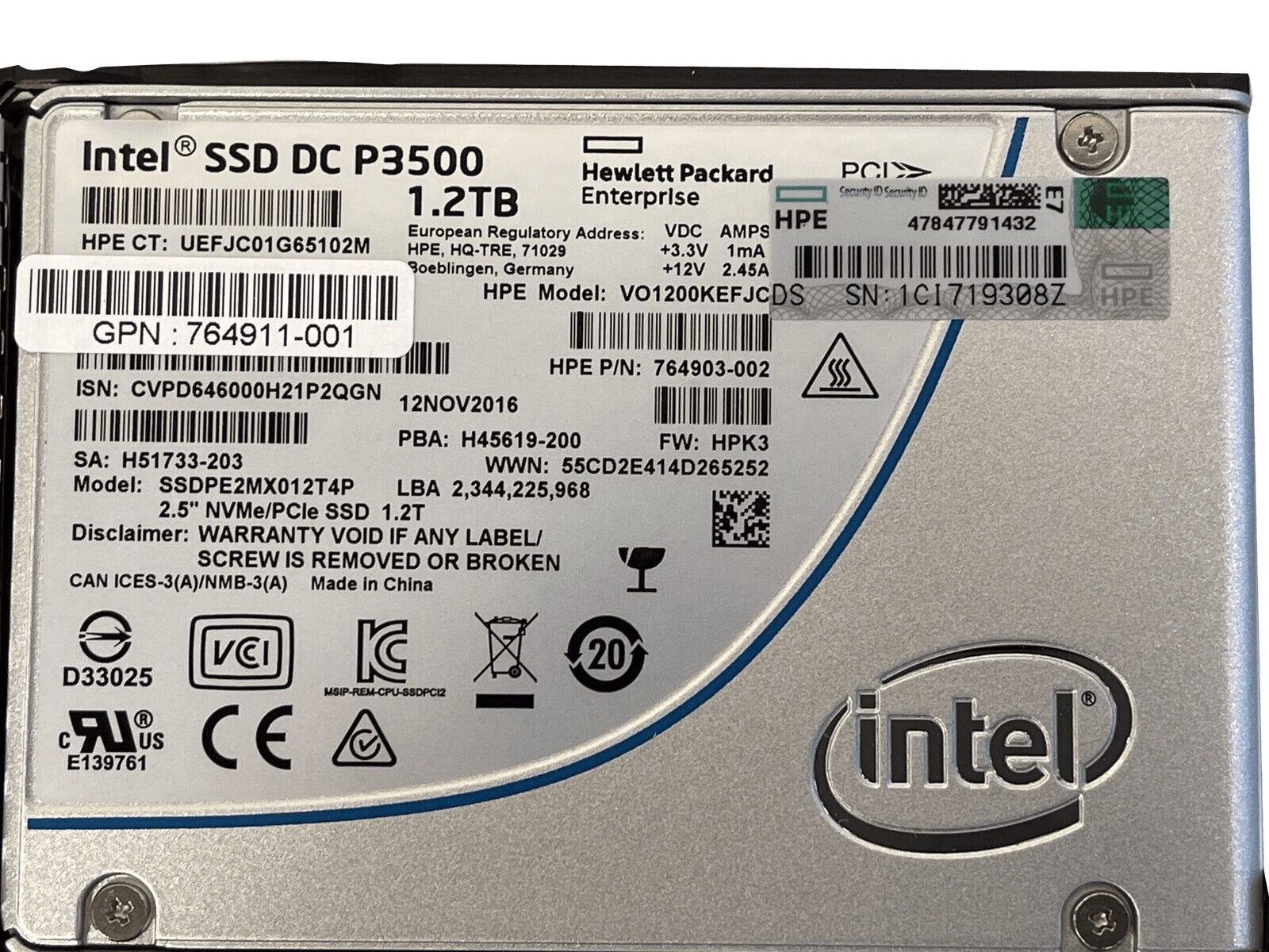 HPE 765068-001 1.2TB PCIe NVMe 2.5" SFF Read Intensive SCN MLC SSD Solid State Drive