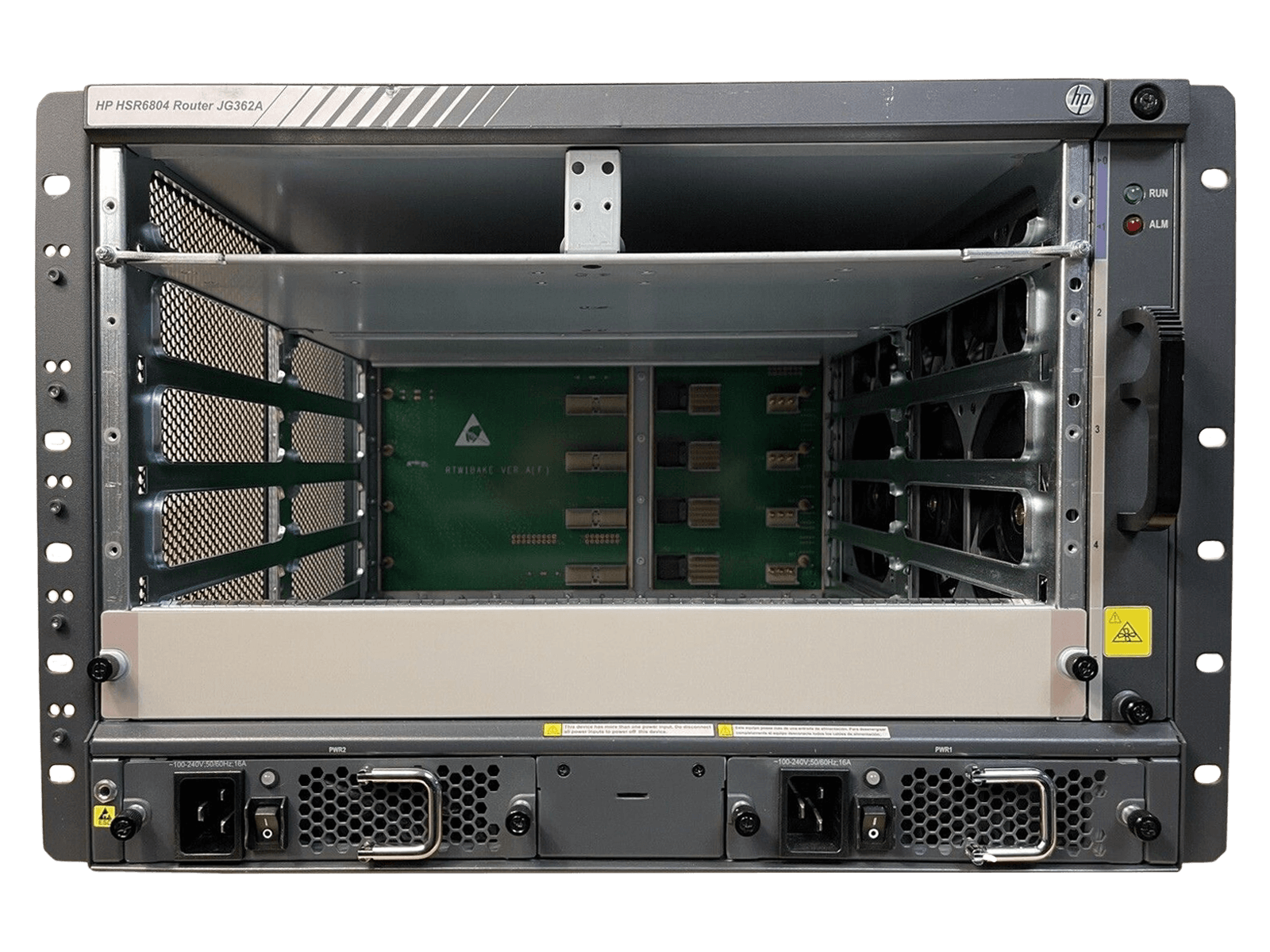 HP JG362A FlexNetwork HSR6804 RSE-X2 Router Chassis JG362A with 2x AC 1200W PSU JG335A.
