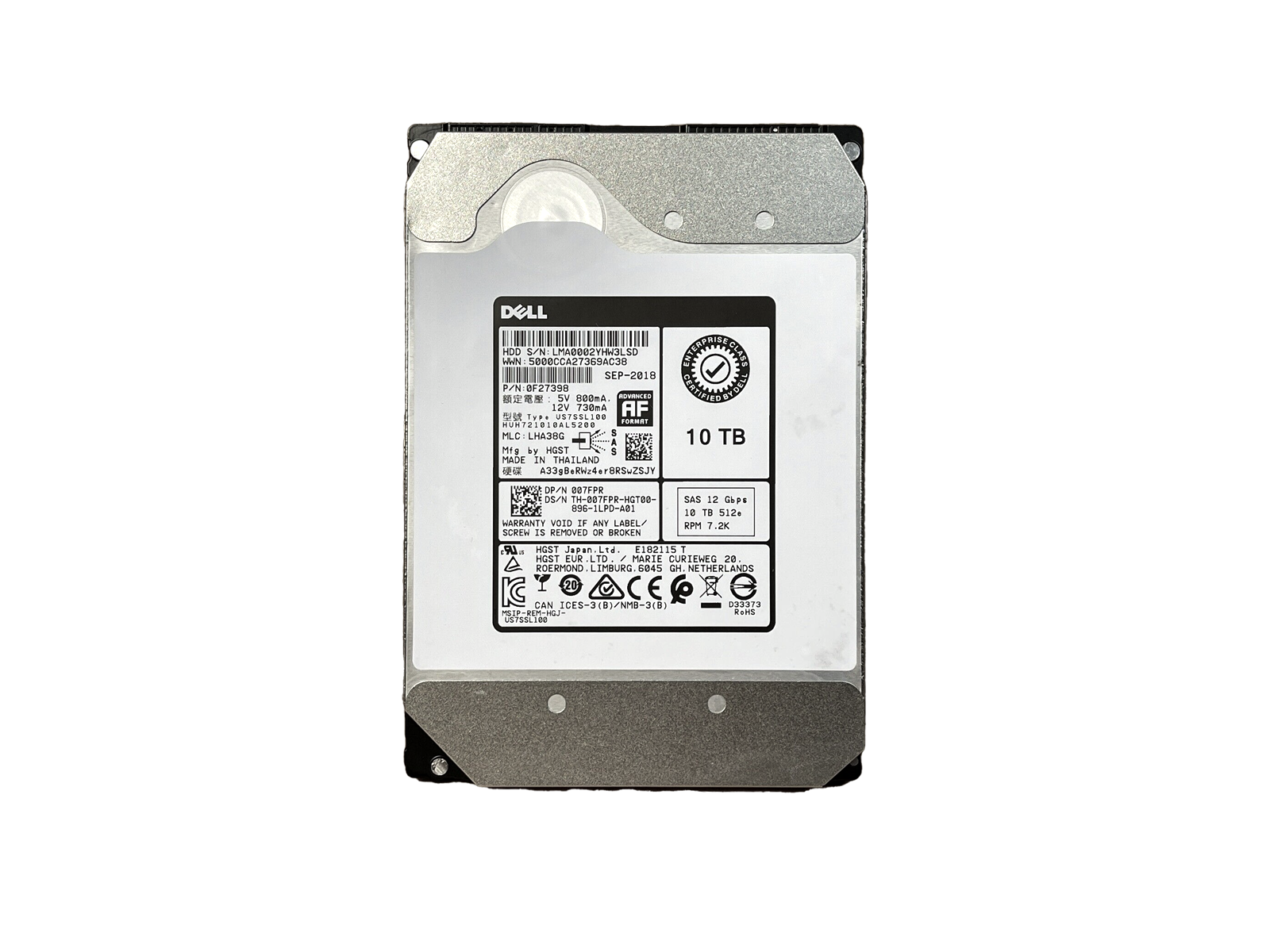 Dell 007FPR 10TB SAS 12Gb/s 7.2K rpm 3.5" LFF 512e HDD Hard Disk Drive