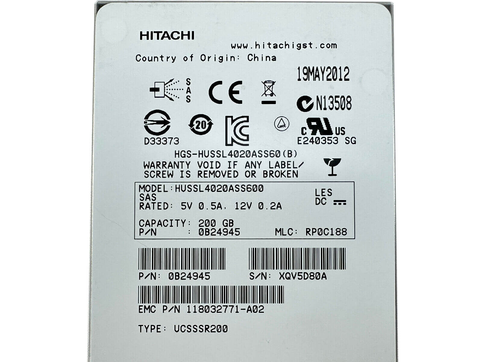 Hitachi 0B24945 200GB SAS 2.5" SFF Write Intensive SLC SSD Solid State Drive