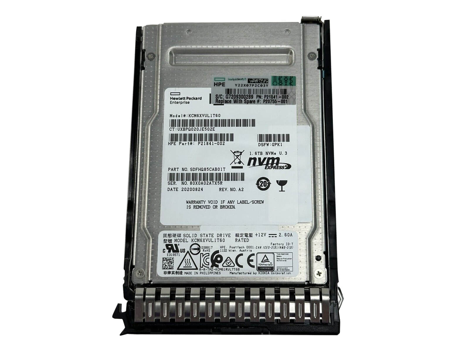 HPE P20755-001 1.6TB U.3 NVMe 2.5" SFF Mixed Use SCN TLC SSD Solid State Drive