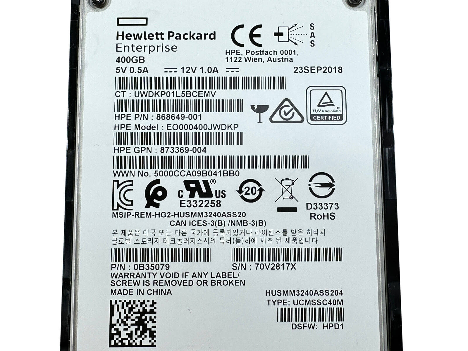 HPE 873563-001 400GB SAS 2.5" SFF Write Intensive SC MLC SSD Solid State Drive