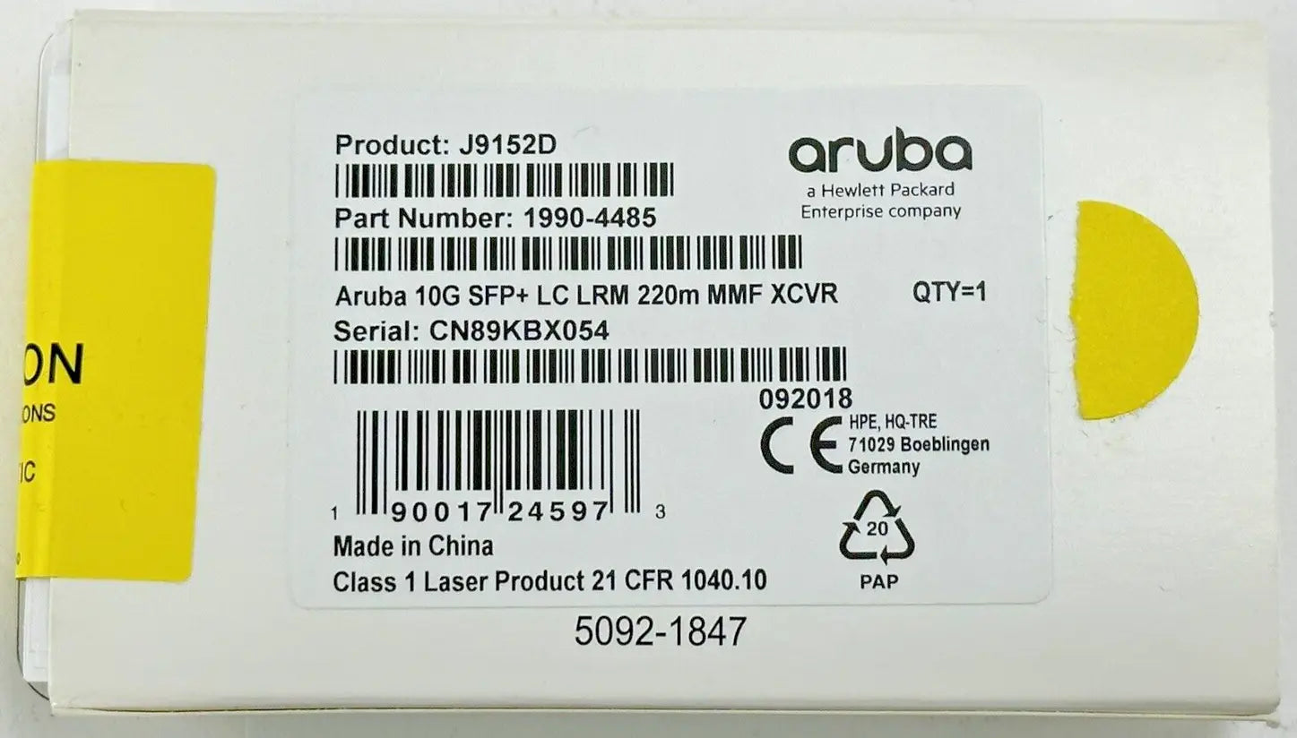 HPE Aruba J9152D 10G SFP+ LC LRM 220M OM2 MMF Transceiver J9152-61201 XCVR