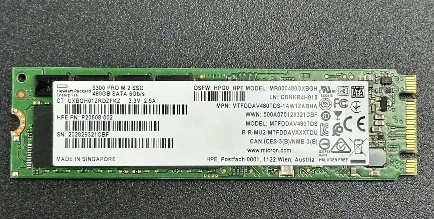 HPE Micron 5300 Pro 480GB M.2 2280 SATA Solid State Drive SSD P20608-002 6Gb/s