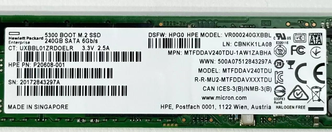 HPE Micron 5300 240GB 6G SATA M.2 2280 SSD 5300B RI Read Intensive