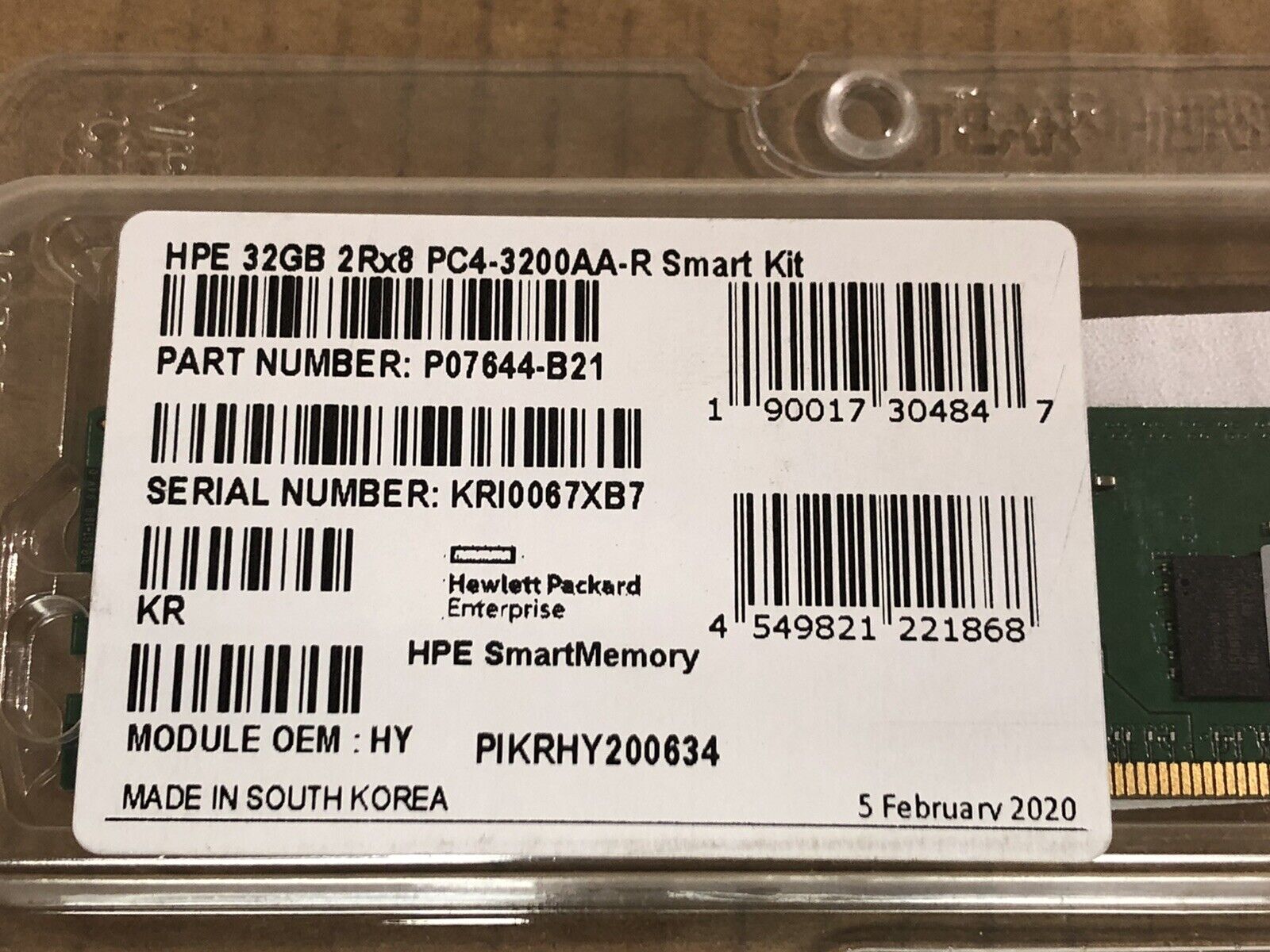 HPE P07644-B21 1x32GB Dual Rank x8 DDR4 3200MHz RDIMM ECC CL22 Ram SmartMemory Kit