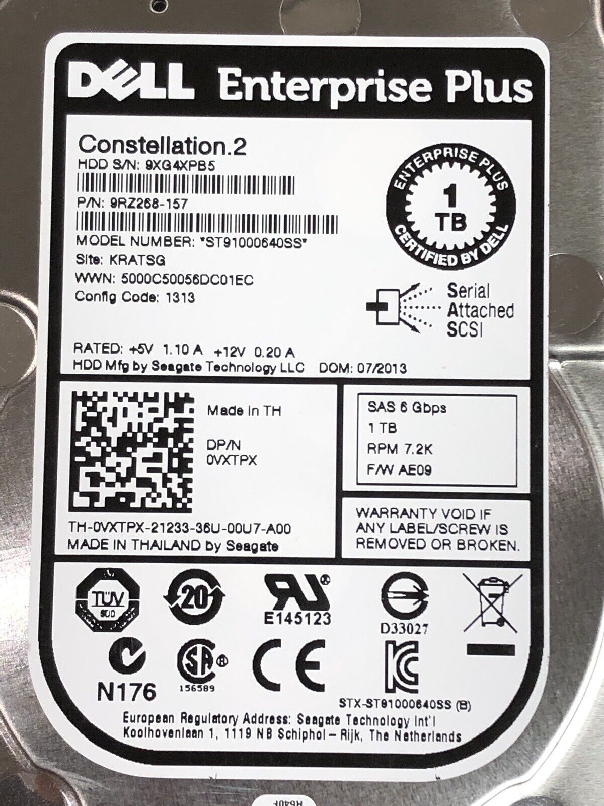 Dell 0VXTPX Enterprise Plus 1TB SAS 6G HDD 2.5in 6Gbps 7.2K 2.5" + Compellent Tray