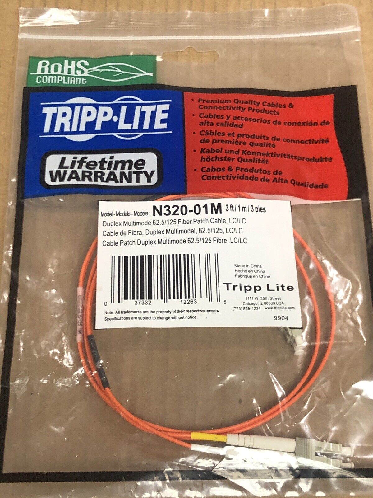 Tripp Lite N320-01M N306-003 3ft Duplex Multimode 62.5/125 Fiber Patch Cable
