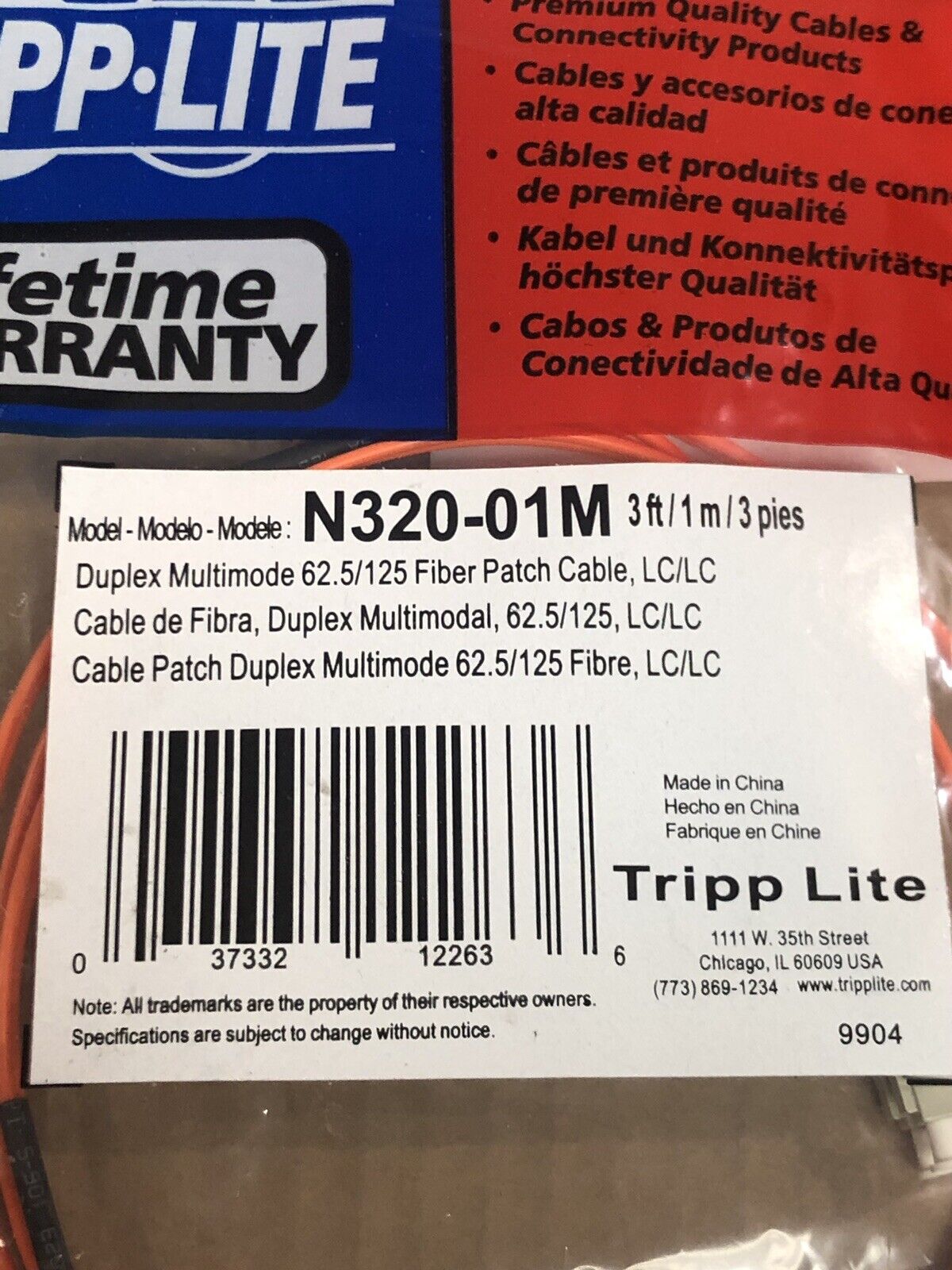 Tripp Lite N320-01M N306-003 3ft Duplex Multimode 62.5/125 Fiber Patch Cable