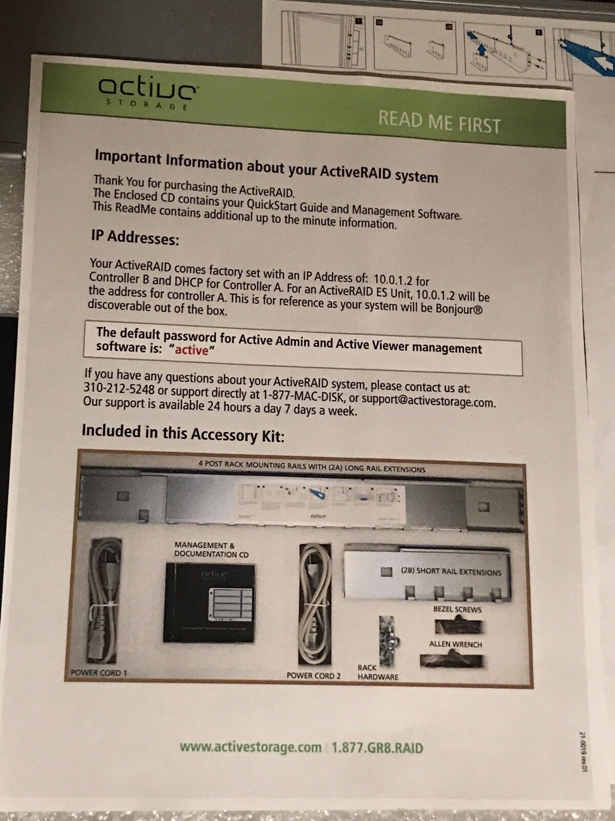 Active Storage Raid AC32SFC02 Accessory Kit Rev. 2.0 Rails Cords CD Screws Mac.