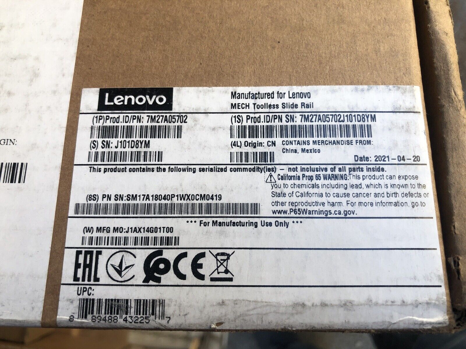 Lenovo Sliding Toolless Rail Kit Slide SR530 SR550 SR630 SR650 SR850 VX3520-G 7M27A05702.
