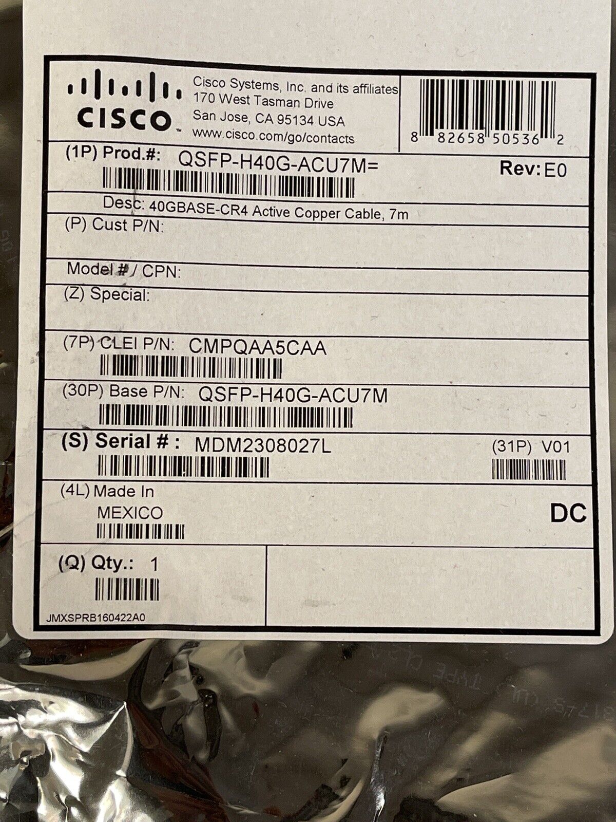 Cisco QSFP-H40G-ACU7M 40GBASE-CR4 Active Copper 7M Direct Attach Cable.