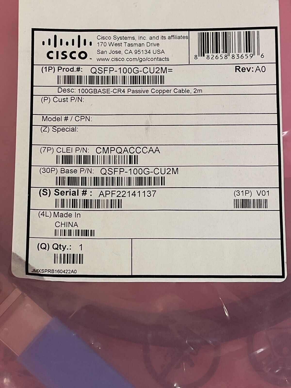 Cisco 37-1679-01 QSFP-100G-CU2M 100GBASE-CR4 Passive Copper 2M Direct Attach Cable.