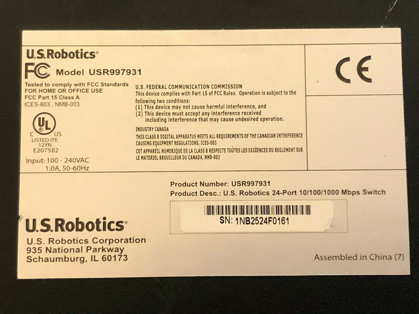 U.S. Robotics 24-Port Unmanaged Gigabit Ethernet Switch 10/100/1000 USR997931.