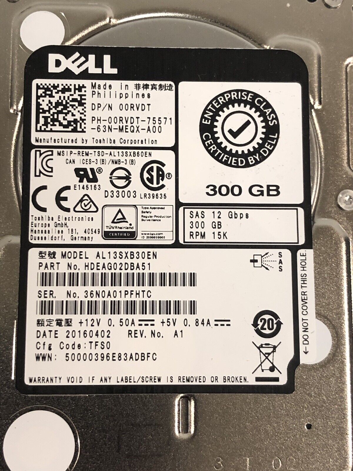 Dell 00RVDT 300GB SAS-3 (12Gb/s) 15K rpm 2.5" SFF HDD Hard Disk Drive