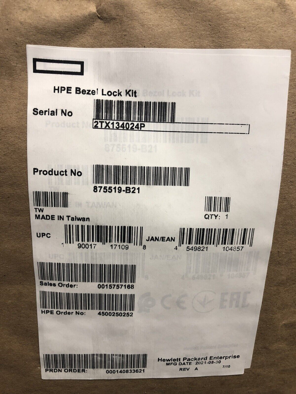 HPE 875519-B21 Bezel Lock Kit Gen10 DL20 DL325 DL345 DL360 DL365 DL380