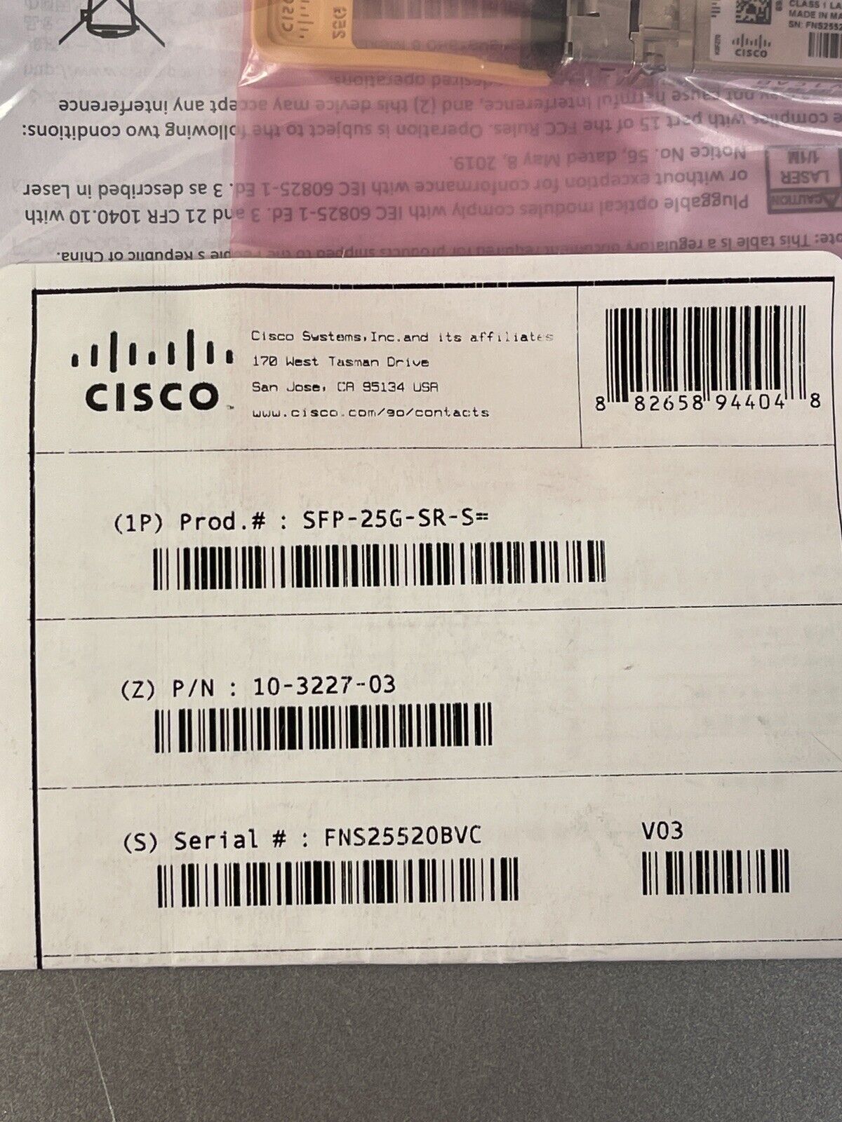 Cisco SFP-25G-SR-S 25Gb SFP28 Transceiver Module 25GBASE SR MMF.