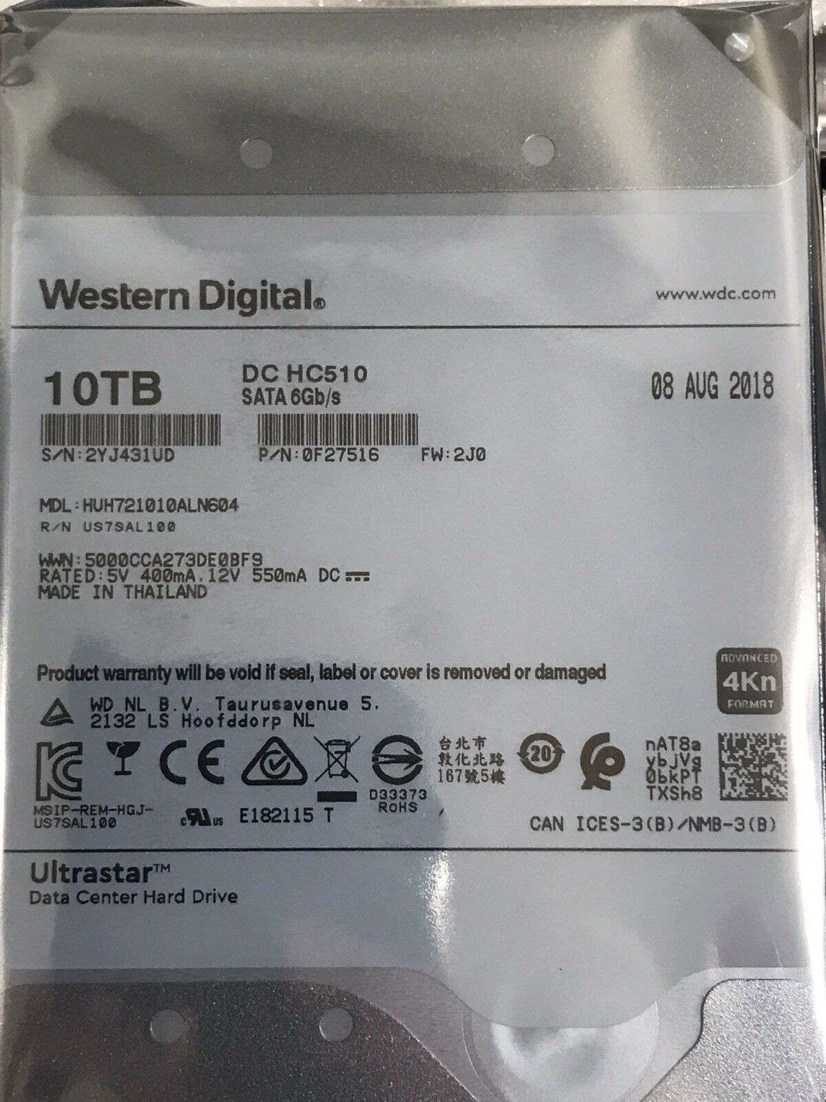 WD Ultrastar DC HC510 0F27516 10TB SATA 6Gb/s 7.2K rpm 3.5" LFF 4Kn HDD Hard Disk Drive