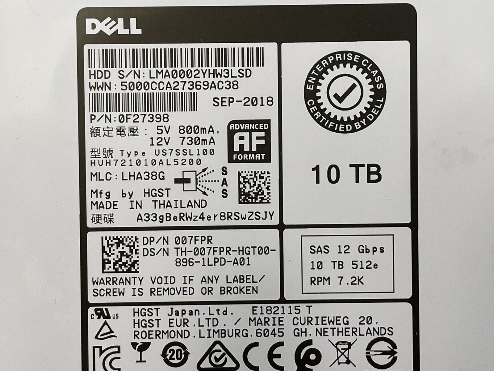 Dell 007FPR 10TB SAS 12Gb/s 7.2K rpm 3.5" LFF 512e HDD Hard Disk Drive