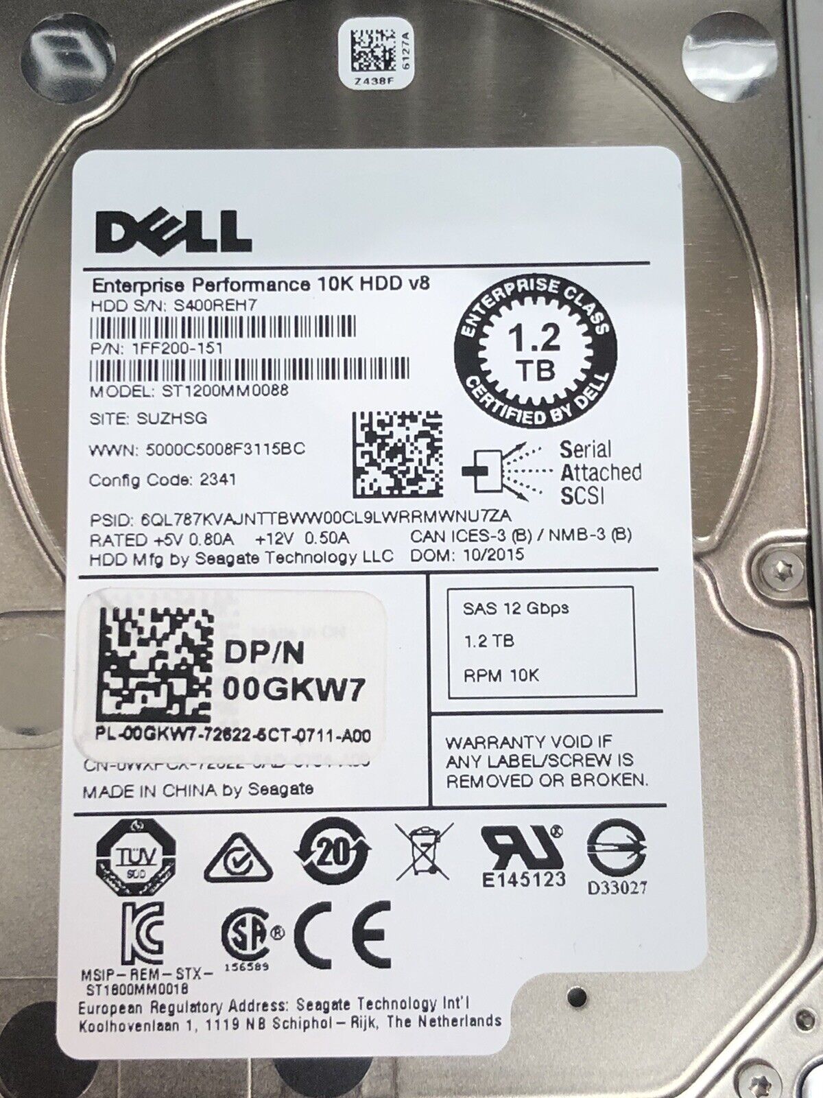 Dell 00GKW7 1.2TB 10K SAS III 12Gb/s HDD ST1200MM0088 2.5 SFF Hard Drive with R-series tray