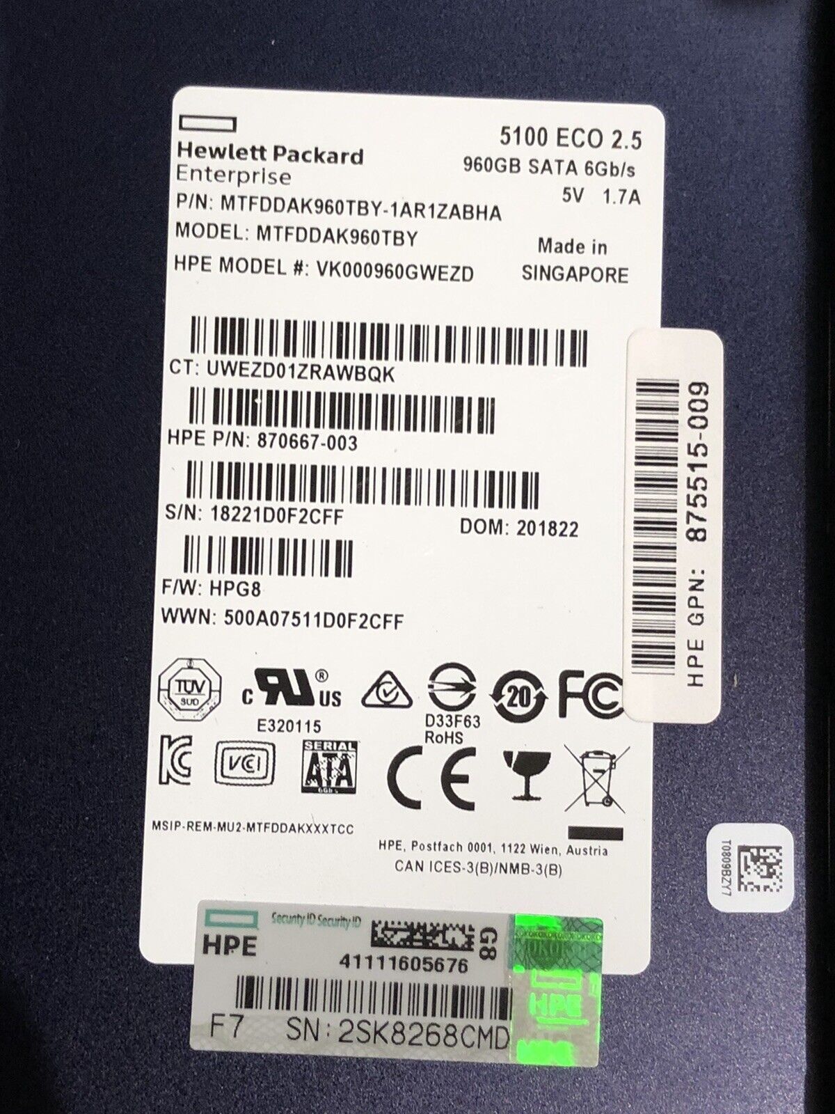 HPE 875656-001 960GB SATA 2.5" SFF Read Intensive SC TLC SSD Solid State Drive